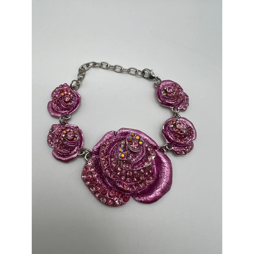 Pink Shimmery 3D Metal Flower Link Bracelet Y2K Coquette Boho Pink Metal